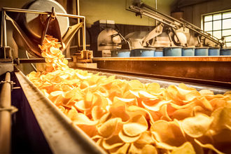 Potato chips on a conveyor belt